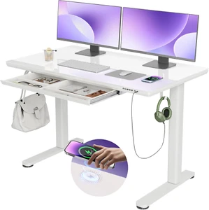 Wireless Charging Glass Standing Desk with Drawers, Adjustable Height Stand up D - Picture 1 of 9