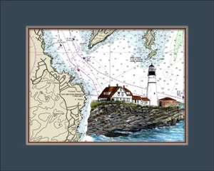 Portland Head, ME Lighthouse and Nautical Chart High Quality Canvas Print - Picture 1 of 1