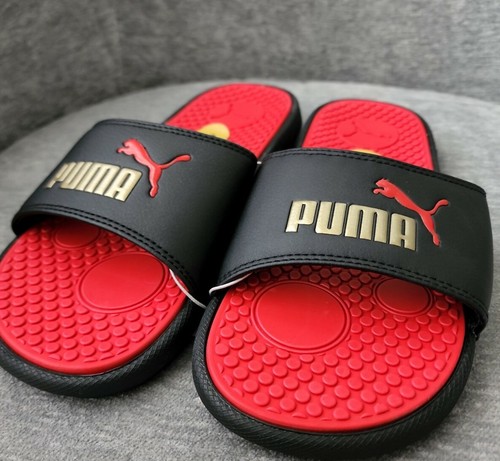 Sandali donna slide PUMA Cool Cat taglia 8 neri con logo rosso e oro nuovi con etichette