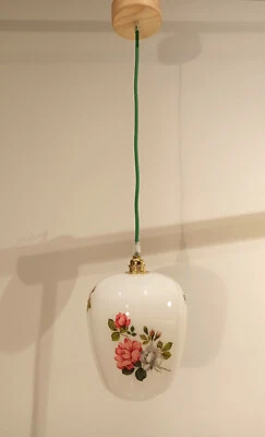 Lustre suspension éclairage vintage verre opaline années 1960 décor floral  - Photo 1/4