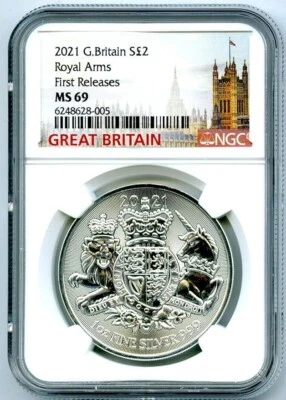 2021 2PD GREAT BRITAIN 1OZ SILVER NGC MS69 ROYAL ARMS FIRST RELEASES RARE - Image 1 of 2