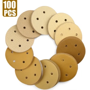 100PC 5 in Gold Sanding Discs 60-1000 Grit Hook Loop 5-Hole Orbital Sander Paper - Picture 1 of 7