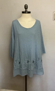 LOGO Lori Goldstein Top Tunic Comfy XL cotton Blue Beaded Mixed media - Picture 1 of 4