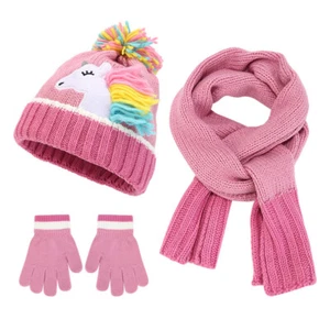 Toddler Baby Unicorn Knit Hat Gloves Scarf Girls Kids Winter Warm Beanie Pompom - Picture 1 of 11