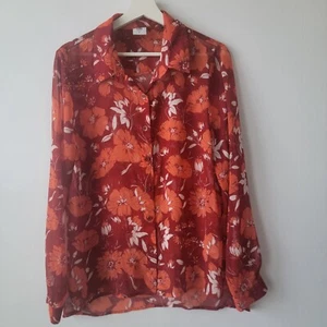 Cabi womens Hothouse Semi Sheer Blouse size L Red Orange Floral long sleeve - Picture 1 of 10
