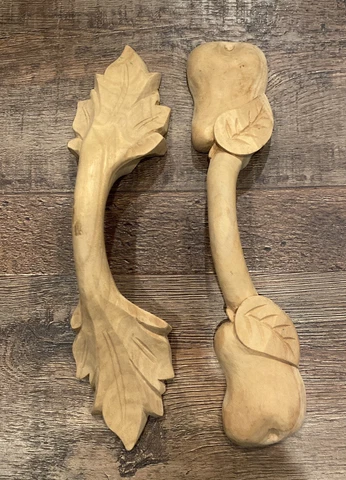 2 Large VTG Wood Door Architectural Drawer Handles Pulls Handmade Leaves Pears Cover
