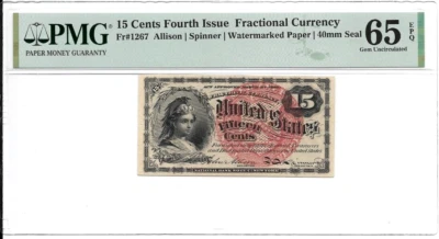 15 Cents Fractional Curency Fr#1267 4th Issue PMG 65 EPQ Gem Uncirculated - Image 1 of 2