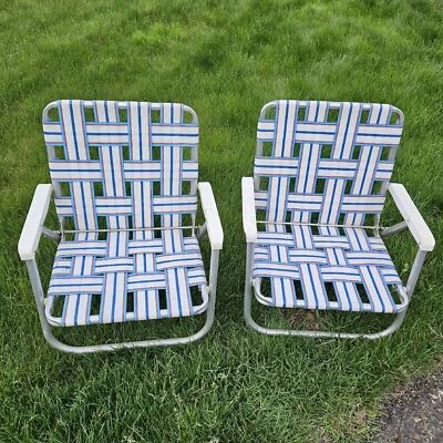 2 sillas de playa SunBeam vintage tejidas de aluminio césped bajo rojo blanco azul *problemas Foto 1 de 4