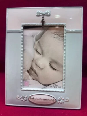 "Baby's Christening" Photo Picture Frame Easel Back Ceramic with Glass For 4"x6" - Image 1 of 4
