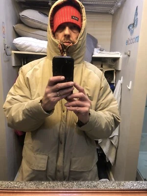 LANDS END Khaki Hooded Long PARKA Wool Lined Work Jacket Coat Men’s Large - Image 1 of 4