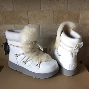 UGG HIGHLAND WHITE WATERPROOF PATENT LEATHER SNOW SHORT BOOT SHOE SIZE 8.5 WOMEN - Picture 1 of 6