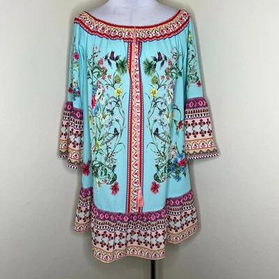 Umgee Shift Dress Medium Boho Floral Off The Shoulder Bell Sleeve Tasseled Mini - Image 1 of 4