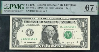 $1 FRN Fancy Serial 12345555 – Ladder + Quad 5s – PMG 67 EPQ – Fr#1934-D U66E - Image 1 of 4