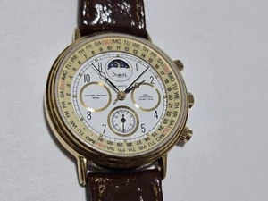 Vintage Sheffield Moon Phase Quartz Watch Mens Gold Tone Leather Band Hong Kong - Picture 1 of 7