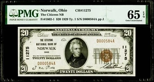 $20 1929 National Bank Note Norwalk, Ohio Fr#1802-1 PMG 65 EPQ Gem Uncirculated - Picture 1 of 3