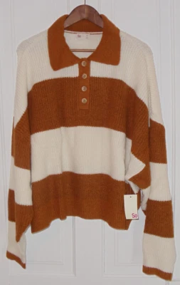 SO Cabin Fever Sweater (Womens Junior Plus Size 3X) Brown/Ivory Stripe Knit Polo - Image 1 of 4