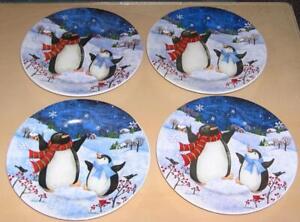 Lot of 4 Gibson Salad/Dessert Plates, Winter Penguins (2009) Debi Hron