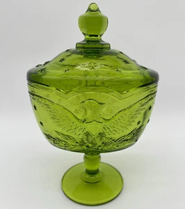 Vintage Green Eagle Stash Jar Depression Glass Covered Pedestal Candy Dish - Picture 1 of 12