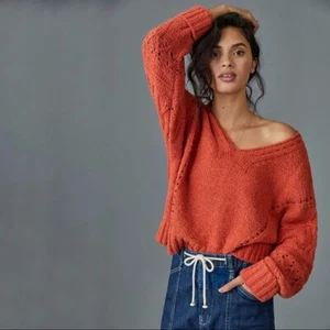 Anthropologie Pilcro Marla V-Neck Sweater Coral Size M NEW - Picture 1 of 6