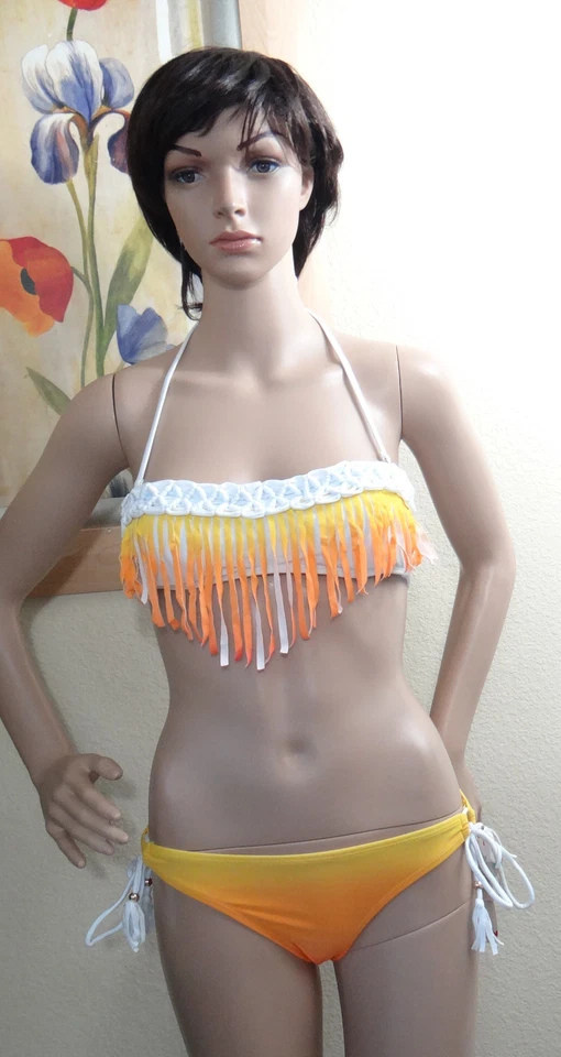 PASASAS Blanco W Flecos Bandeau Macramé Natación Top y Borla Amarillo/Blanco Corbata Parte Inferior, S Foto 1 de 1