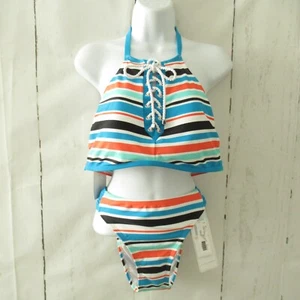 New Sol Collective Swimsuit 12 14 Turquoise Stripe Top Bottom Bikini - Bild 1 von 5