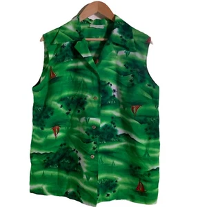 Made in Hawaii L Vintage Green Sailboat Sleeveless Aloha Hawaiian Shirt Blouse - Picture 1 of 4