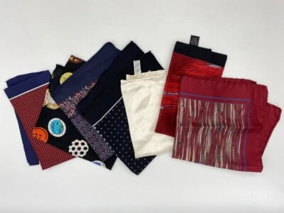 7 Vtg Assorted Silk Pocket Squares Novelty Geometric Polka Dot Solid hand rolled - Image 1 of 4