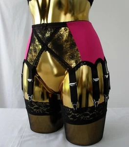 Med-XL 14 Strap Cerise Pink Lycra Black Crossover Lace Designer Suspender Belt - Picture 1 of 10