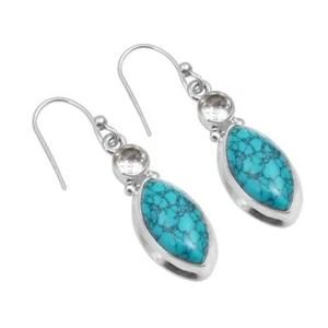 Pendientes turquesa topacio blanco sólido plata de ley 925 joyería 1,4" SE-8188 - Imagen 1 de 1