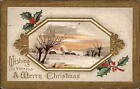 Christmas rural homes snow gold edge embossed 1912 to NELLIE TYRE Detroit MI