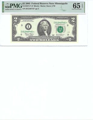 2003 $2 FRN FR1937-I* PMG 65 EPQ, Minneapolis * Note S/N I01240745*!!! - Image 1 of 2