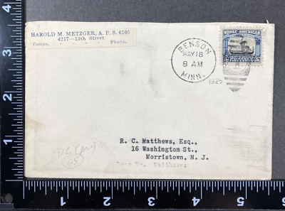 US Stamp 621 FDC Viking Ship Cover, Benson MN May 18 1925 to Morristown NJ - Image 1 of 3