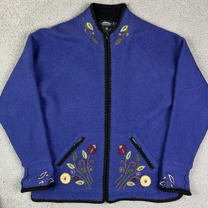 Vtg ICELANDIC DESIGN Jacket Womens Size XL Blue Embroidered Floral Wool Zip 90s - Picture 1 of 10