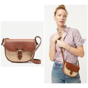 NWT J.Crew Brown Leather Beige Riffia Saddle Crossbody Bag - Picture 1 of 13