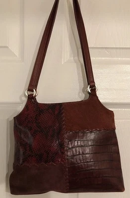 FOSSIL 1954 Leather Patchwork Shoulder Bag Maroon Suede Faux Pony Hair Croc VTG - Image 1 of 4