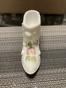 Fenton Milk Glass w/Hand Painted Purple Flowers Slipper Shoe Figurine Signed By? - Picture 1 of 10
