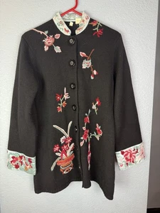 Moth Sweater Womens Extra Large Black Wool Floral Embroidered Button Up Boho XL - Picture 1 of 8