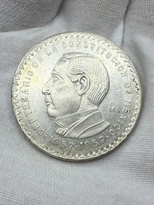 MEXICO 5 PESOS JUAREZ 1857-1957 CENTENARY OF CONSTITUTION .720 SILVER COIN E218 - Picture 1 of 6