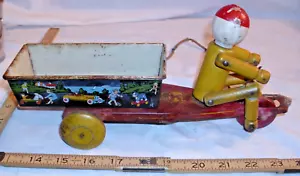 PETE HUSTLER TOY MAN DRIVING TIN CART CAR WOOD PULL TOY 1930s - Picture 1 of 5