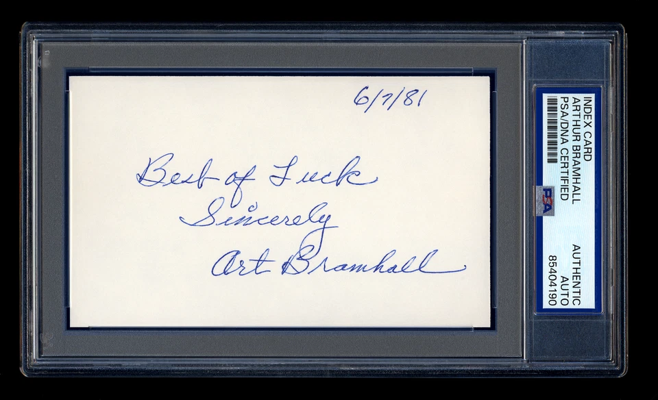 ART BRAMHALL SIGNED INDEX CARD PSA/DNA PHILADELPHIA PHILLIES CHICAGO BRUINS - Image 1 of 1