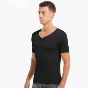 Verano Seda Hielo Camisas Manga Corta Delgadas Cuello en V Prendas para el torso Sin Etiquetas Media Manga Camiseta - Imagen 1 de 14