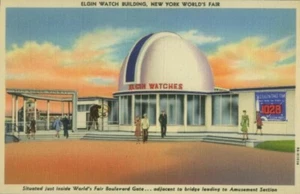 NEW YORK CITY NY WORLD'S FAIR 1939 ELGIN WATCH BLDG LINEN POSTCARD 112220 P - Picture 1 of 2