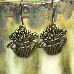 Bronze Tone Flower Water Pail Charm Dangle Earrings. Nature. Gardens. S070 - Picture 1 of 3