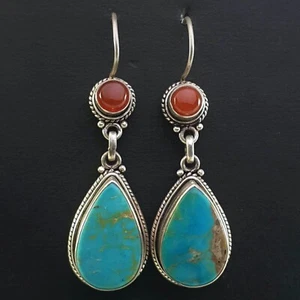 Pendientes tibetanos antiguos de plata esterlina 925 de piedra de cornalina turquesa de Nepal de colección - Imagen 1 de 3