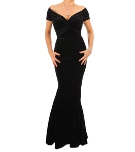New Black Velour Bardot Fishtail Maxi Dress