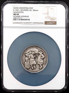 Swiss Shooting Fest Medal, R-1021, Silvered-AE, 50 mm, Neuchatel, MS 64 by NGC! - Picture 1 of 6