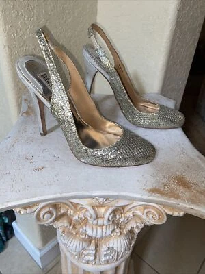 Badgley Mischka Silver Kiss Kiss High Heels Slingback Stiletto Sparkle Pumps 7M - Image 1 of 4