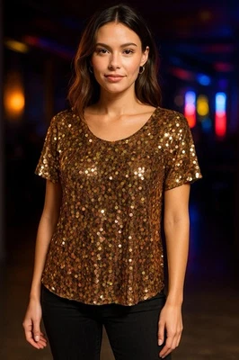 Express De Colección Moda Mujeres Lentejuelas Camisetas Manga Corta Sueltas Brillantes Retro Y2k M Foto 1 de 4