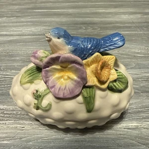 Porzellan Schuhnagel Ei Schmuckschatulle, blauer Vogel, Blumen Punkte - Bild 1 von 7