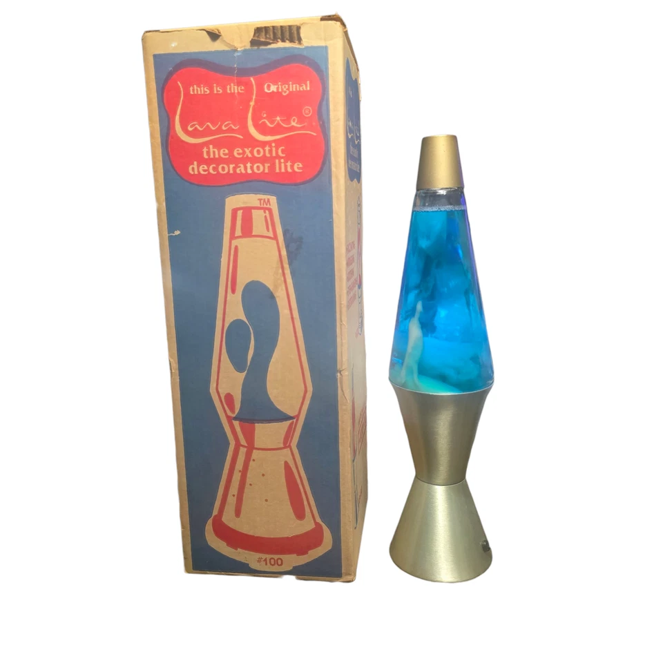 Vintage Lava Lite Lamp Model 8103 Blue Liquid White Wax Gold Base Box USA Decor - Image 1 of 4